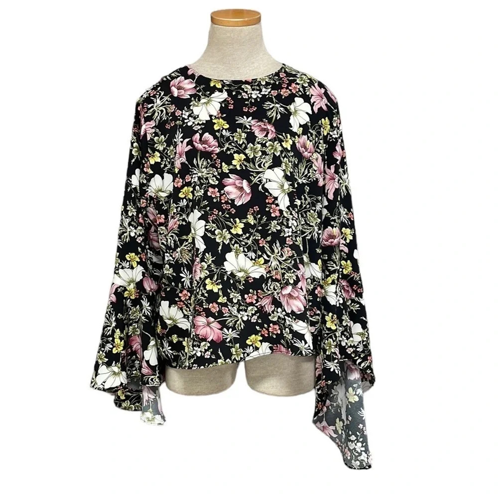 Catherine Malandrino Blouse Long Sleeve Pink White Black Floral Size Large L